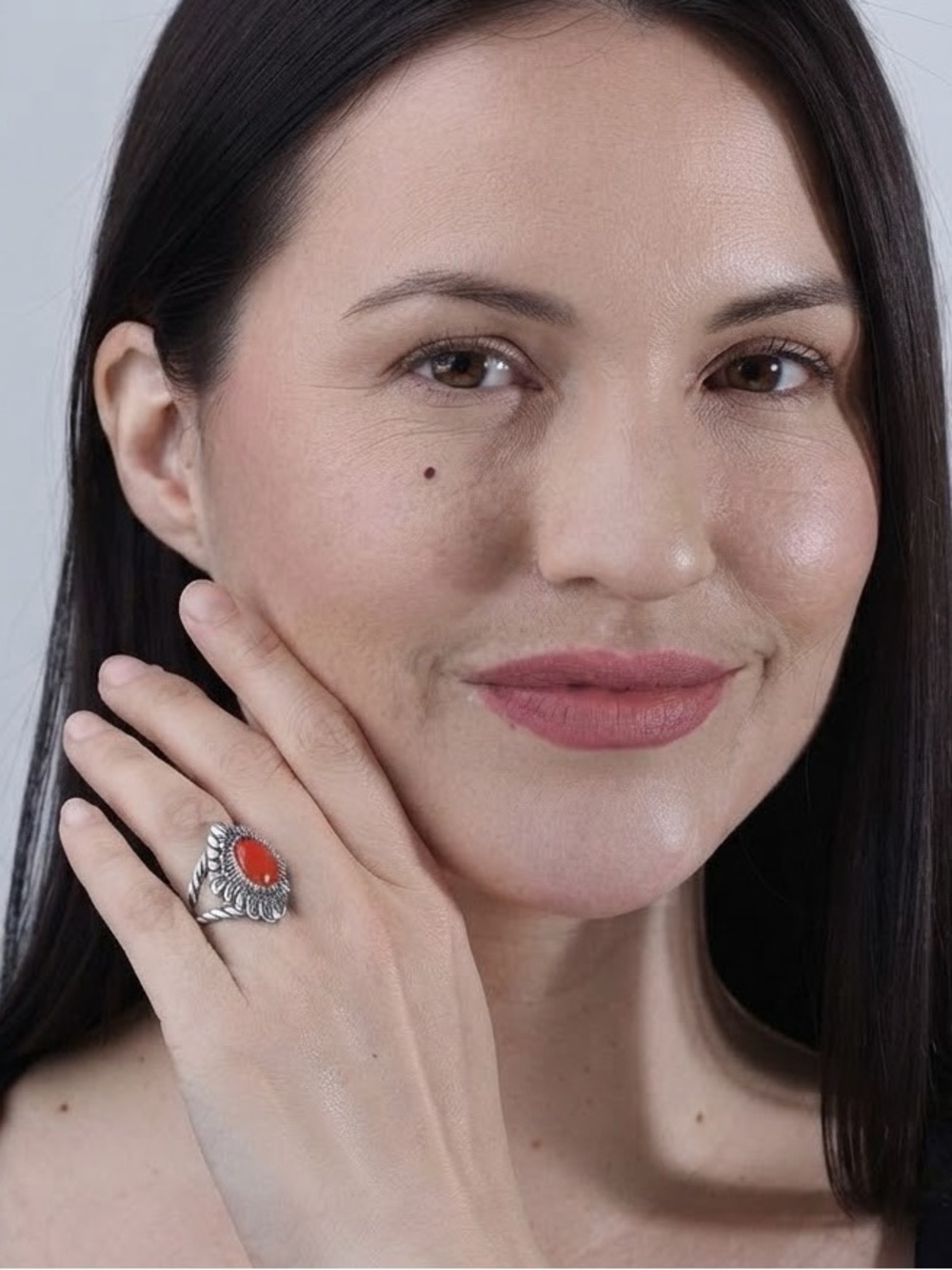 American West Silver-Tone Ring with Red coral Center - size 6